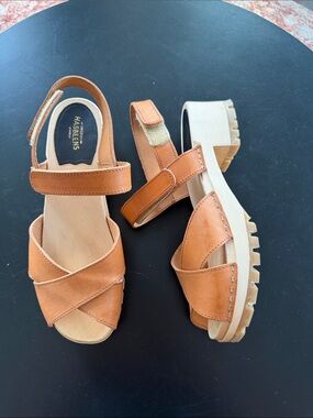 Swedish Hasbeens Cognac Leather Platform Sandals